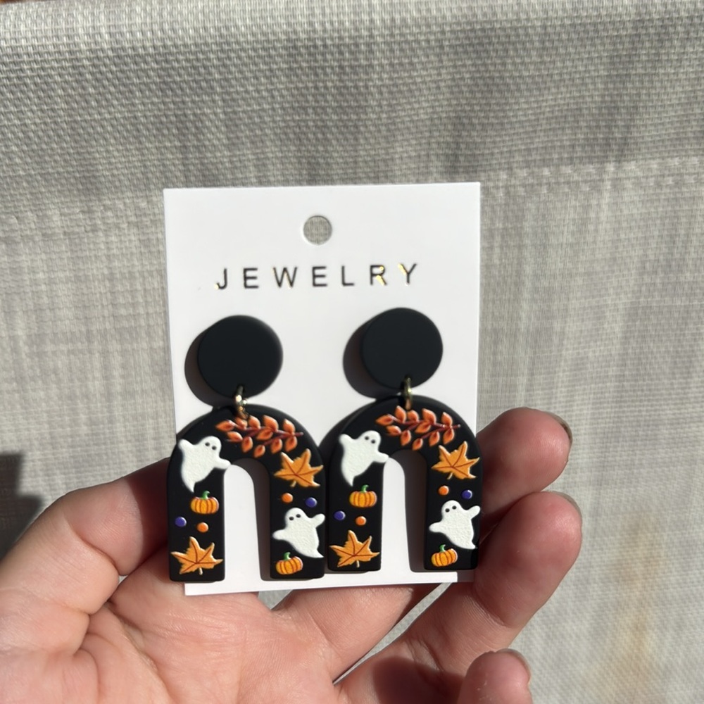 Halloween Black U Shape Maple Leaf with Ghost &Pumpkins Dangle Earrings NWT